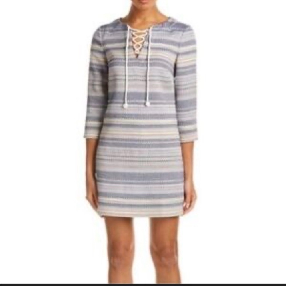 Lilla P Woven Jacquard STriped V Neck Dress size S spring casual